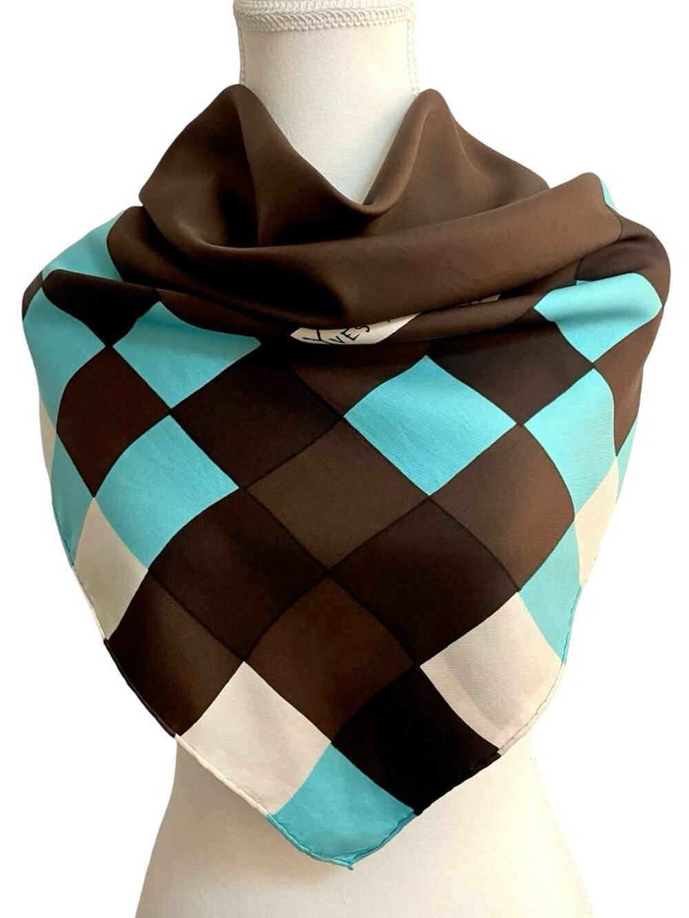 Yves Saint Laurent Scarf Brown Turquoise Geometric 33 x 33